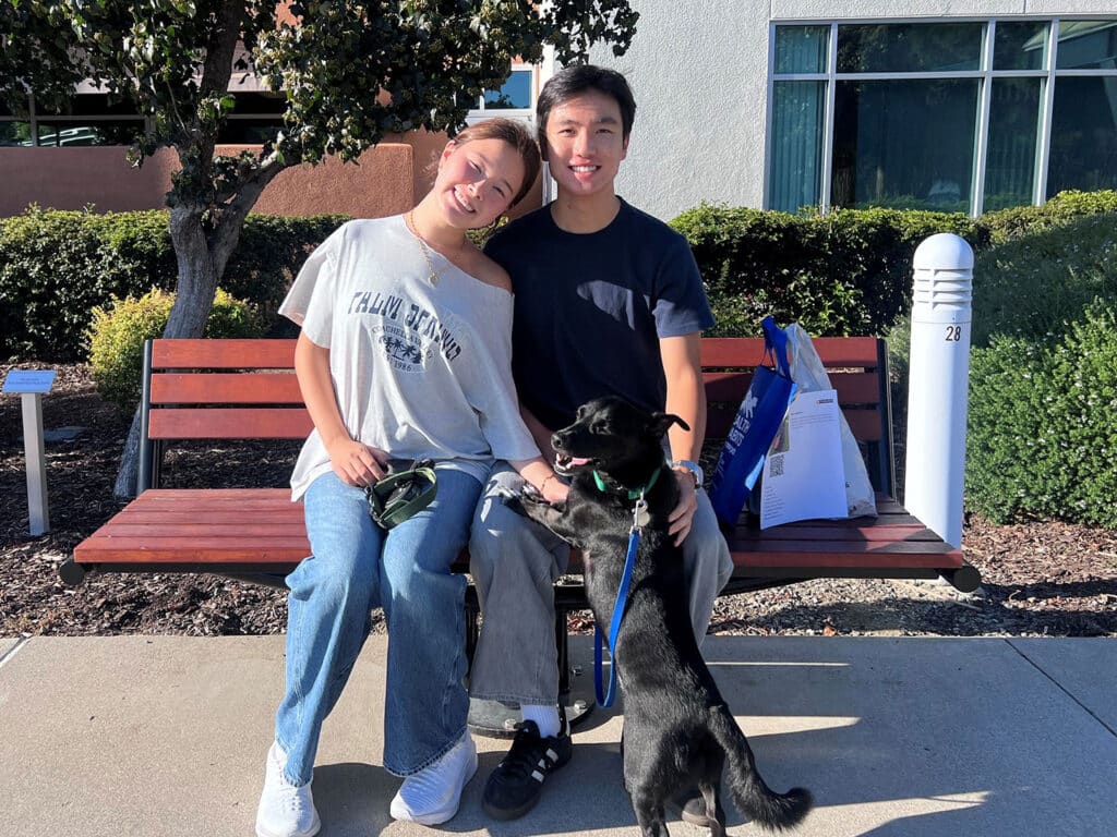 A young couple sits together on a bench outside, smiling. They are accompanied by a black dog on a leash. The background features greenery and a modern building, suggesting a bright, sunny day. This image highlights adoptions at Joybound.