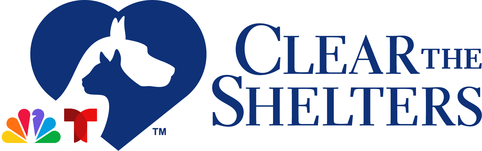 The image features the logo for the "Clear the Shelters" campaign, which includes a blue heart silhouette with a pet inside, alongside the NBC logo. This campaign promotes pet adoption and responsible pet ownership.