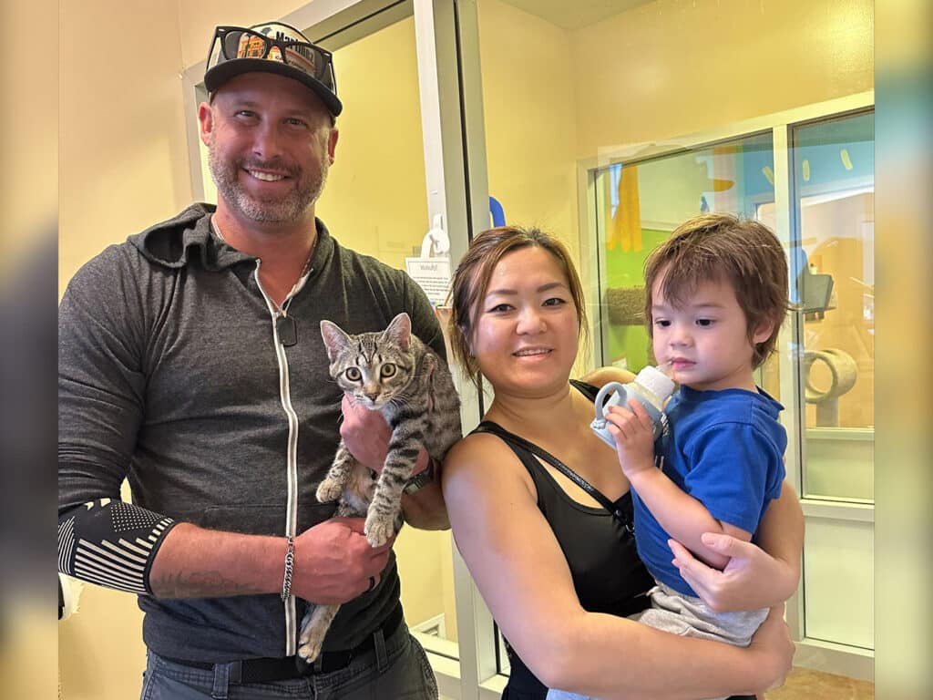 A man holding a tabby cat stands next to a woman with a child in her arms. The woman is smiling and the child is looking towards the camera. The background features a brightly colored animal shelter setting, highlighting a moment of adoption.