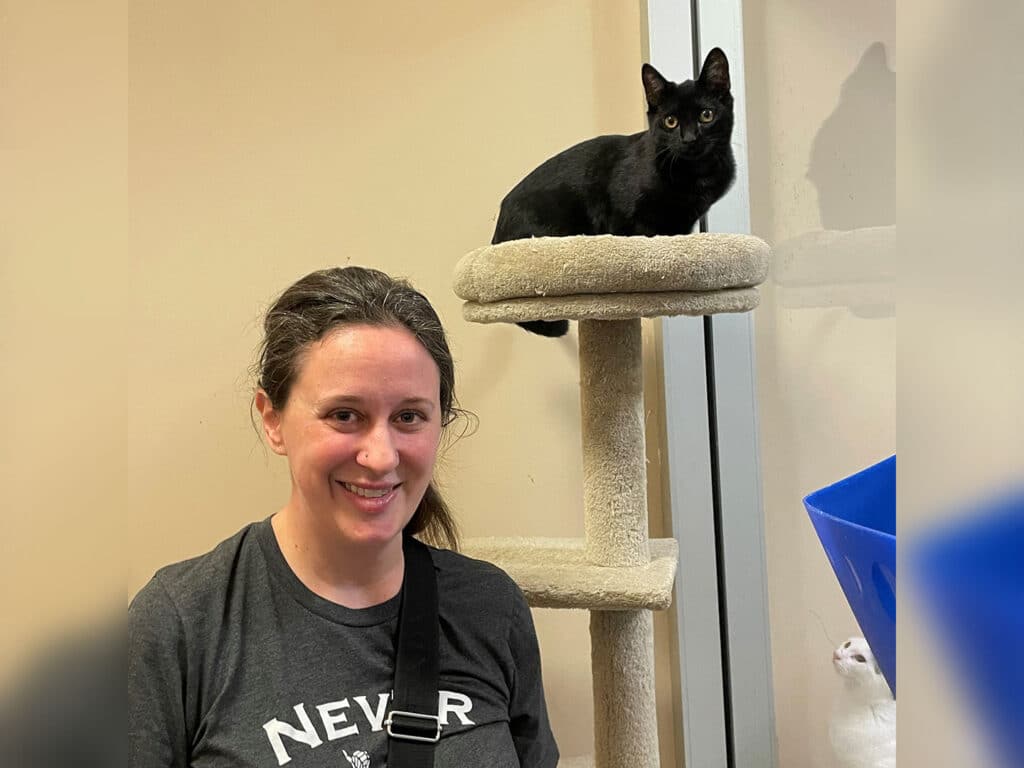 A woman smiling while standing next to a tall cat tree. A black cat perches on top of the tree, looking down. The setting appears to be a pet adoption center, emphasizing the theme of animal adoption.