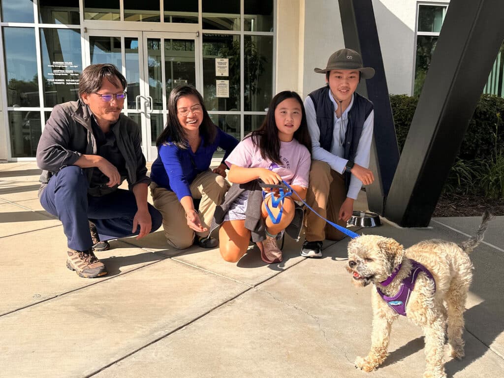 A family of four is gathered outside a building, smiling and interacting with a small dog on a leash. The dog wears a purple harness. This scene reflects the theme of adoption and companionship.