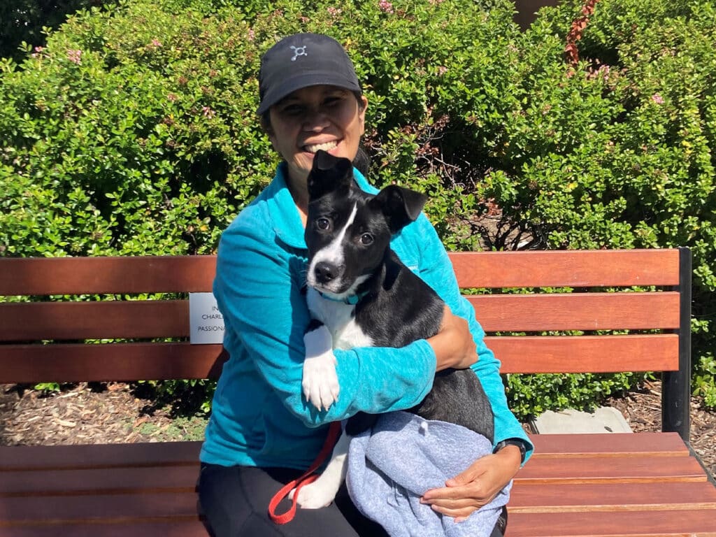 A woman sitting on a wooden bench in a sunny outdoor setting, holding a small black and white dog. The woman is wearing a blue jacket and a cap, smiling as she cuddles the dog, which appears friendly and playful. This image highlights adoption.