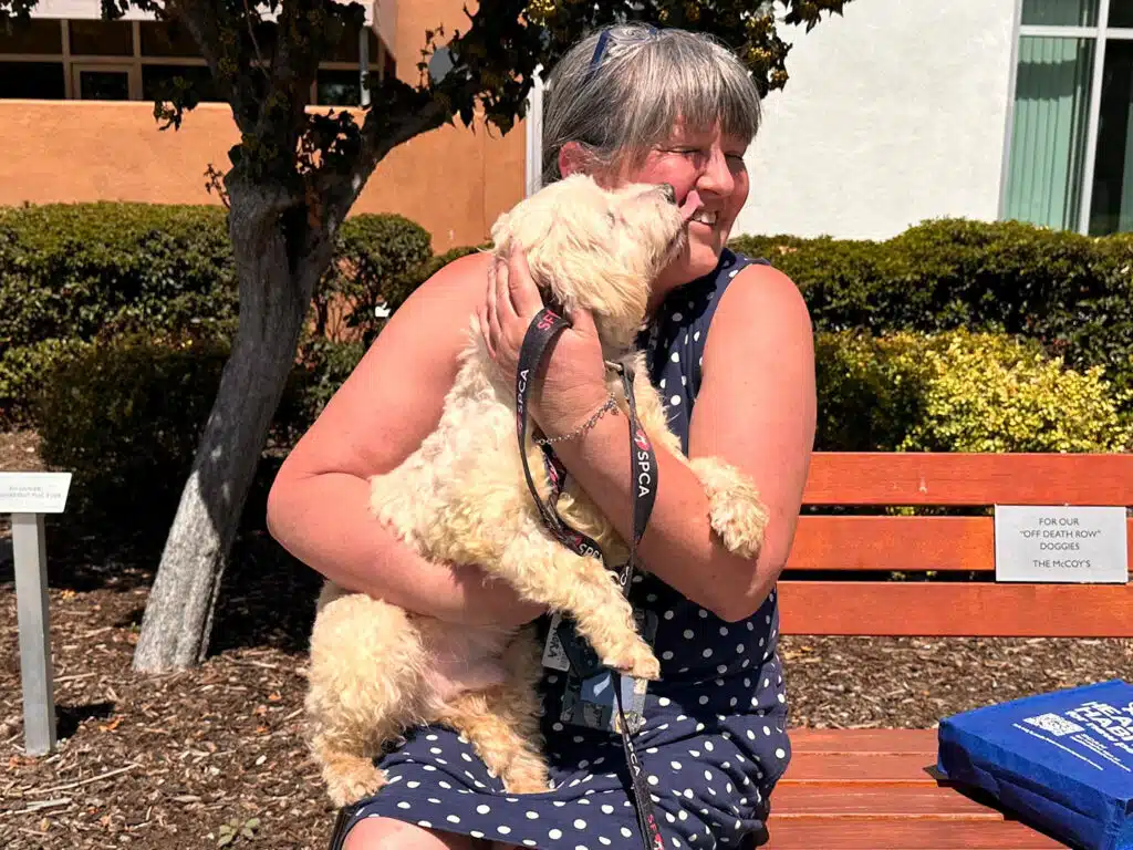 A woman in a polka dot dress smiles while sitting on a bench outdoors, holding a small dog close to her face. The scene is bright with greenery and a building in the background, representing a joyful adoption moment. Adoptions at Joybound.