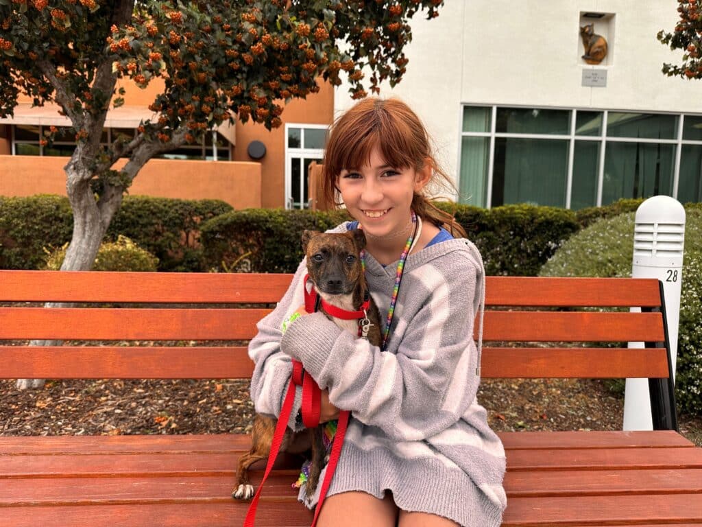 A girl with brown hair sits on a wooden bench, smiling while holding a small dog. The background features plants and a building with large windows, suggesting an outdoor urban setting.
