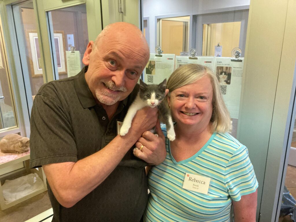 A man with a bald head and a dark polo shirt holds a gray kitten, while a woman with shoulder-length blonde hair in a blue striped shirt smiles beside him. They are in a room with cat adoption posters on the wall.
