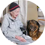 An elderly woman in a wheelchair smiles at a dog sitting beside her. They are indoors, with soft lighting and simple furnishings, creating a warm atmosphere. The image highlights the theme of rescuing animals in need.