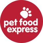 Logo of Pet Food Express featuring white text on a red background, with a stylized white paw print above the text. Promotes animal rescue donations through its initiatives.
