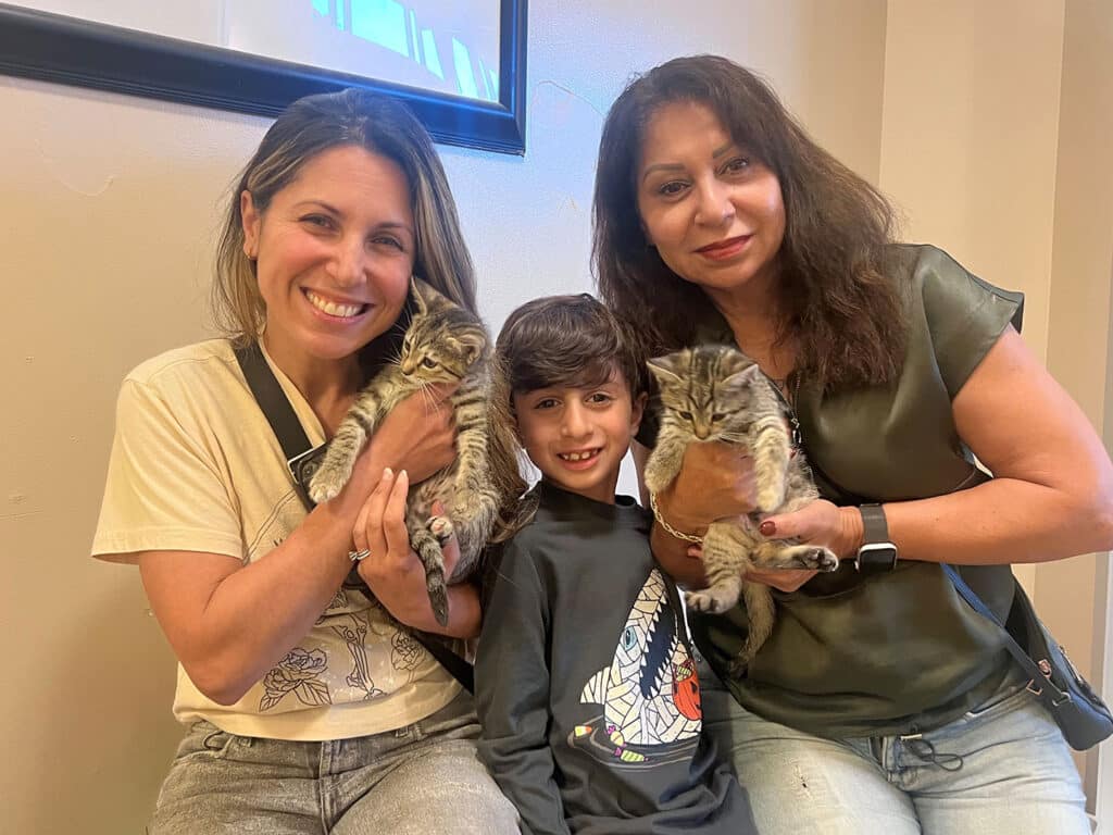 A woman and a girl holding two kittens sit beside a boy who is smiling, holding a kitten. The setting appears to be indoors with light-colored walls and a framed picture in the background. All subjects are looking at the camera.
