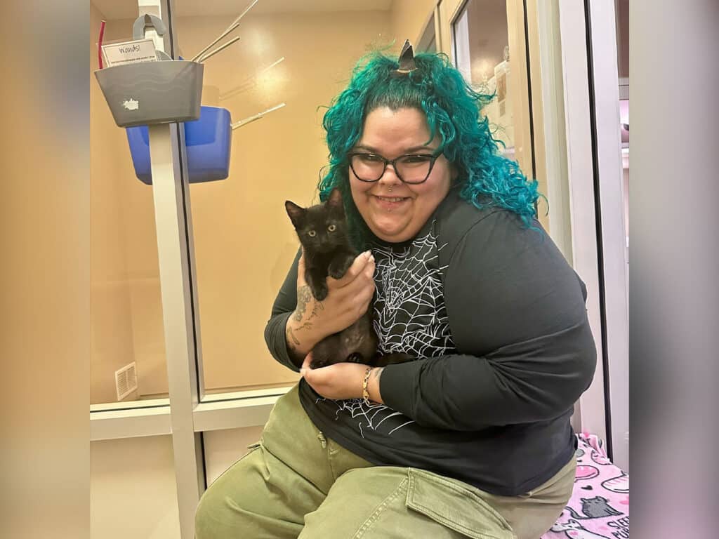 A woman with teal hair wearing glasses sits on a bench holding a small black kitten. The background shows a light-colored room with a blue container hanging on the wall. The woman wears a black shirt featuring a spiderweb design and olive green pants.