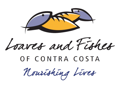 Logo for Loaves and Fishes of Contra Costa featuring two stylized fish in blue and orange above the text "Loaves and Fishes of Contra Costa" and the tagline "Nourishing Lives" in blue.