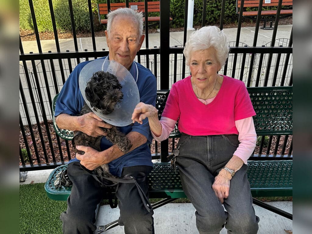 An elderly man wearing a blue shirt holds a small dog with a cone collar on his lap, while a woman in a pink sweater sits beside him. They are seated on a green bench in a park-like setting, with greenery and a fence in the background.