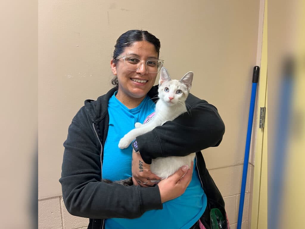 A woman with glasses, wearing a blue shirt and black jacket, holds a white cat with gray markings in her arms. The background features a plain beige wall and a blue cleaning tool leaning against it.