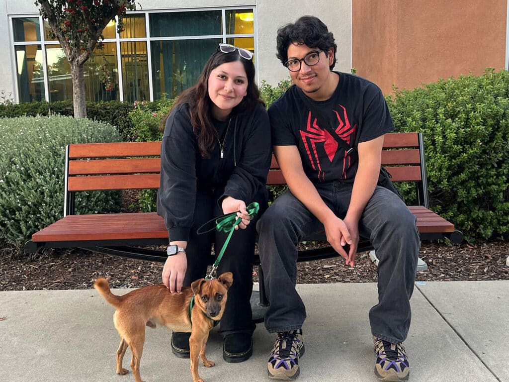 A young woman with dark hair wearing a black hoodie and a young man wearing glasses and a t-shirt sit on a bench. A small brown dog is on a leash, standing in front of them. They are in an outdoor area with shrubs and a building in the background.