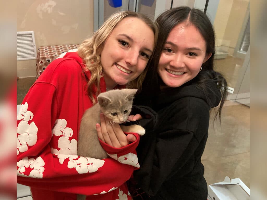 Two young women are smiling while posing for a photo. One is holding a gray kitten, and both are wearing hooded sweatshirts. The background shows a modern room with a light-colored floor and some furniture.