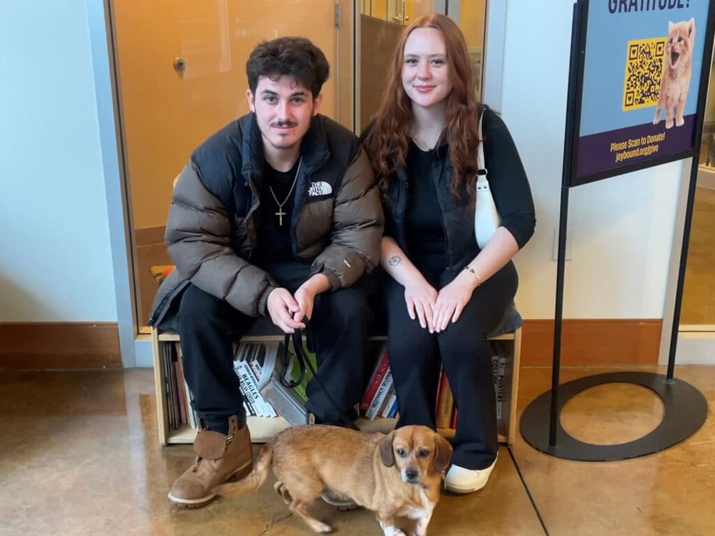 A young man and woman sit on a bench in a pet adoption center. The man wears a brown puffer jacket and black shirt, while the woman wears a black top with white sleeves. A small brown dog sits beside them. A sign with a QR code is visible in the background.
