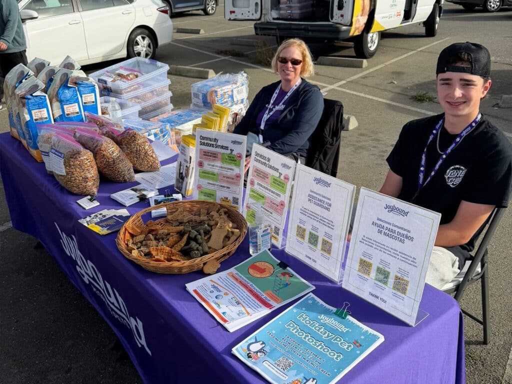 A table at an outdoor event featuring a variety of informational pamphlets and snacks. A woman with sunglasses and a young man are seated behind the table, surrounded by bags of snacks and promotional materials about pet health.