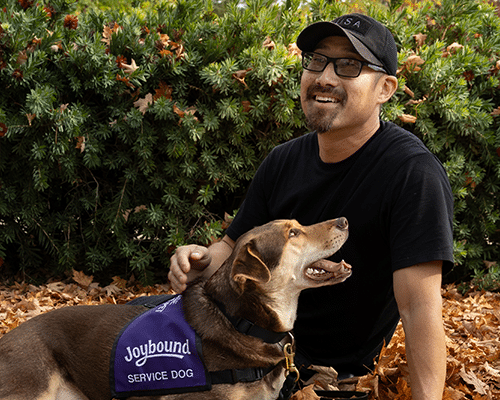 A man wearing glasses and a black cap sits in a park with autumn leaves around him, smiling at a brown service dog. The dog wears a purple vest labeled "Joybound SERVICE DOG." Behind them, green shrubs provide a natural backdrop.