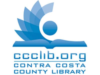 Logo of the Contra Costa County Library, featuring a stylized blue book with a circular figure and fan-like design in various shades of blue above. The text below includes the website URL 'ccclib.org' and the library's name.