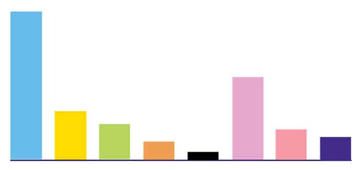 A bar graph with varying colored bars representing data metrics. The tallest bar is blue, followed by yellow, green, orange, black, and pink bars. This visual supports the Joybound Strategic Plan in the Impact Report 2024-2025.