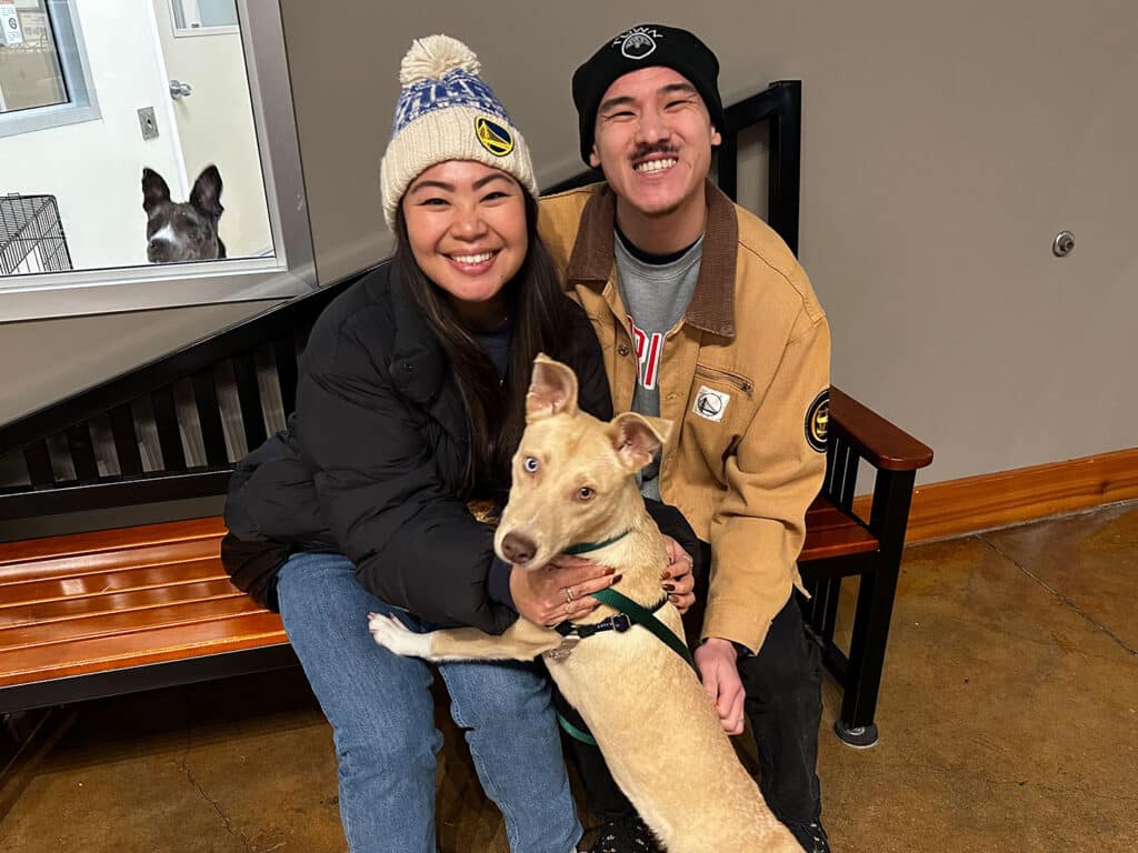 A woman and a man sitting on a bench with a tan and white dog in the foreground. The woman wears a black jacket and wool beanie, while the man dons a beige jacket and black beanie. A dog can be seen in a crate in the background.