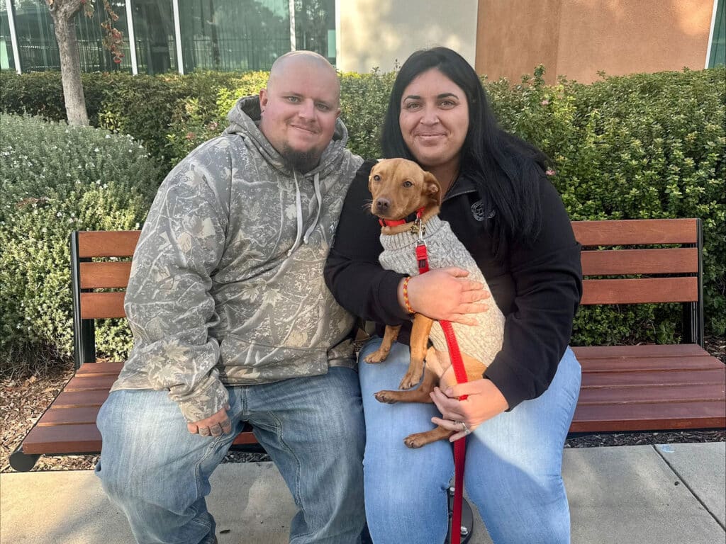 A couple sits on a wooden bench in an outdoor area. The man, wearing a camouflage hoodie, and the woman, dressed in a black jacket, hold a small brown dog wearing a sweater. Green bushes are visible in the background.