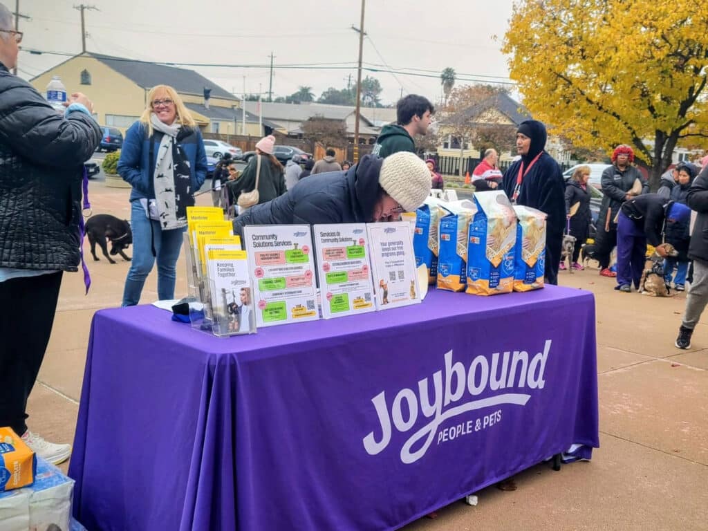 A community vaccine clinic scene with a purple table displaying informational brochures and cereal boxes. People are lined up in the background, and a tree with yellow leaves is visible nearby. A dog is seen near a person on the left.