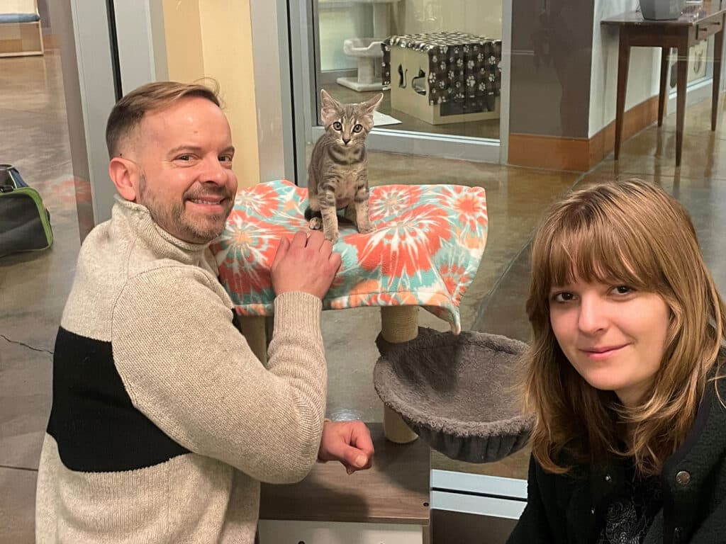 A man and a woman smiling next to a kitten sitting on a colorful blanket atop a cat tree in an animal adoption center. The background shows a pet area with other animal habitats.