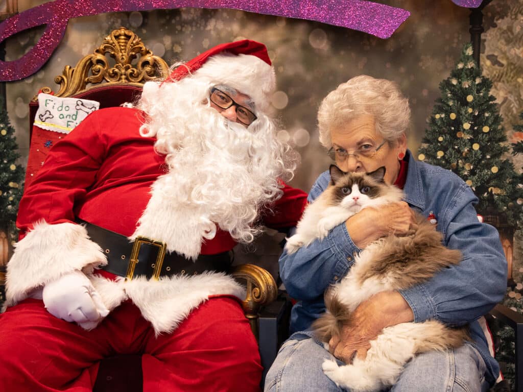 An elderly woman holding a fluffy cat sits next to Santa Claus, who has a long white beard and glasses. They are both smiling at the camera. The background features festive decorations, including Christmas trees and a sparkling pink banner.