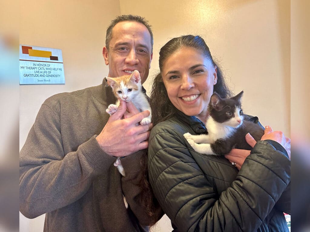 A man and a woman, both smiling, hold two kittens in a room with a colorful wall sign behind them. The man has a light-colored tabby kitten, and the woman holds a black and white kitten, both appearing to be in good health.
