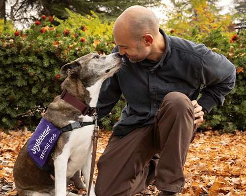 A man kneels beside a service dog wearing a purple vest that reads 'Service Dog.' They are in a park with fallen leaves and greenery in the background. The man and dog are looking at each other, showcasing a close bond.
