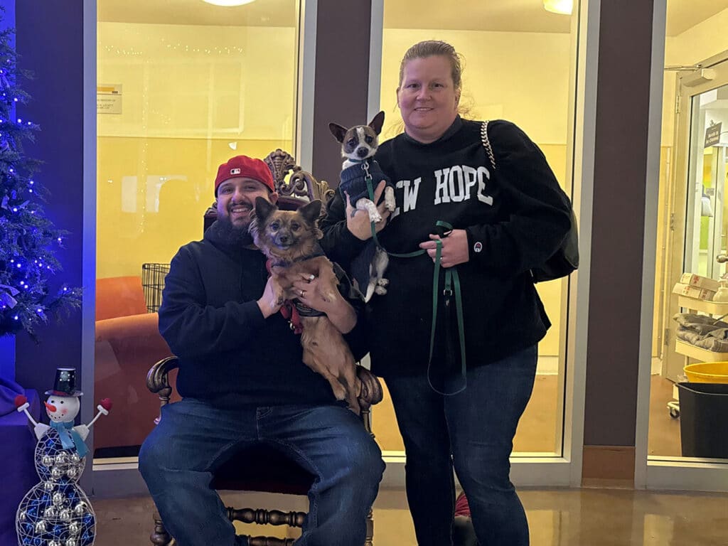 A man and a woman pose together in a brightly lit room, each holding a small dog. The man sits on a decorative chair with a brown dog in his lap, while the woman stands beside him holding a tan and white dog on a leash. A snowman decoration is visible nearby.