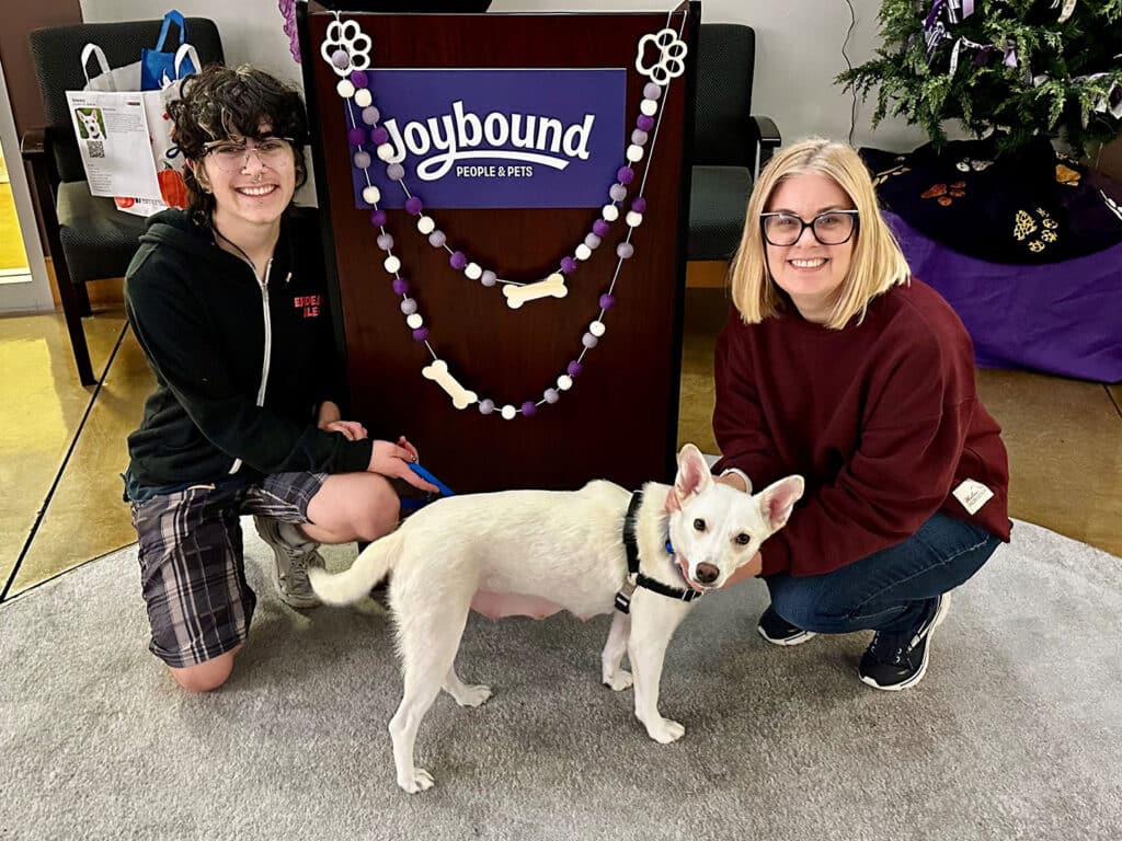 A teenager and an adult woman kneel beside a white dog at a pet adoption event. They are smiling in front of a sign that reads "Joybound". The background includes decorative elements and a holiday-themed tree.