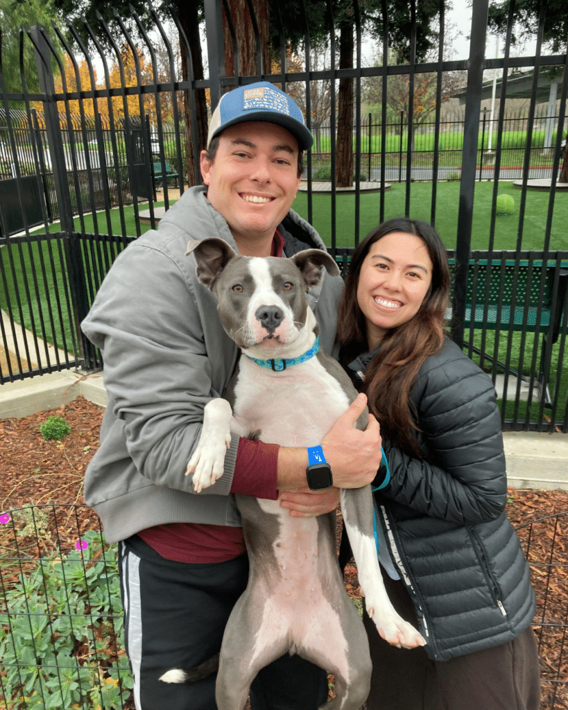A man and woman pose together outdoors, holding a large gray and white dog. The man, wearing a gray jacket and baseball cap, smiles while supporting the dog, which is standing upright. The woman, dressed in a black coat, smiles at the camera. Behind them is a fenced area with grass.