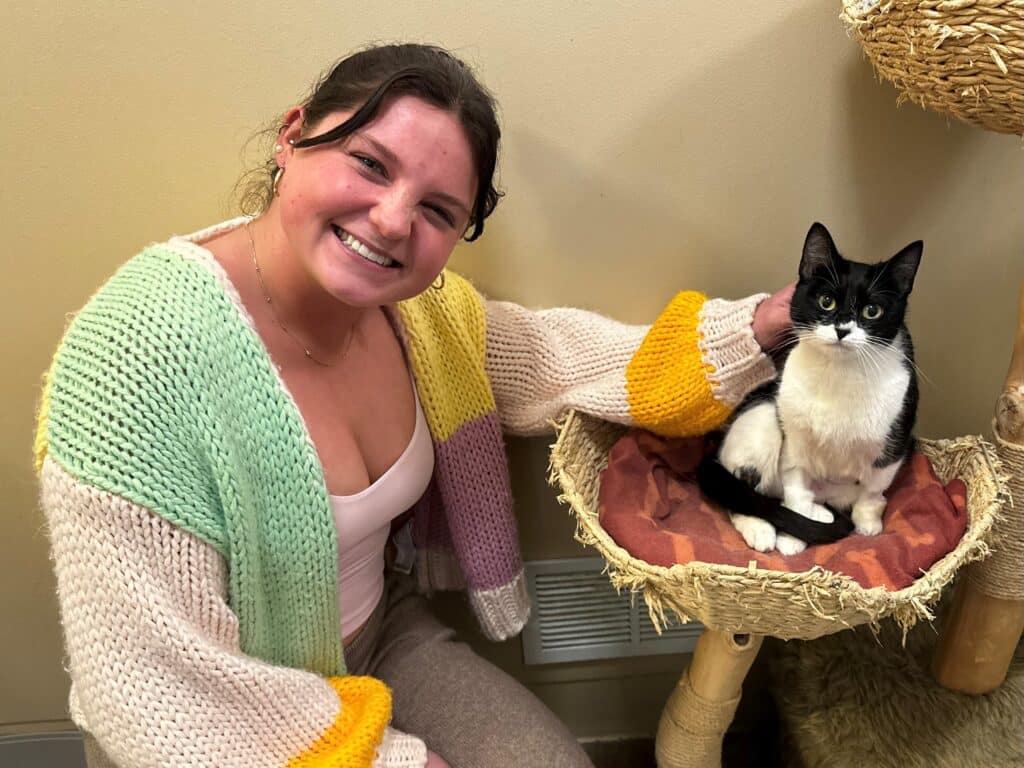 A young woman with a cheerful expression sits beside a black and white cat resting on a cozy pet bed. The woman is wearing a multicolored knitted cardigan and has her hand gently resting on the cat, creating a warm scene.