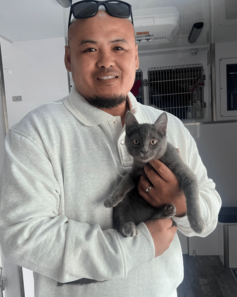 A man wearing a gray polo shirt and sunglasses is holding a gray kitten in his arms. The background shows a bright interior, possibly an animal adoption center. The man is smiling at the camera.
