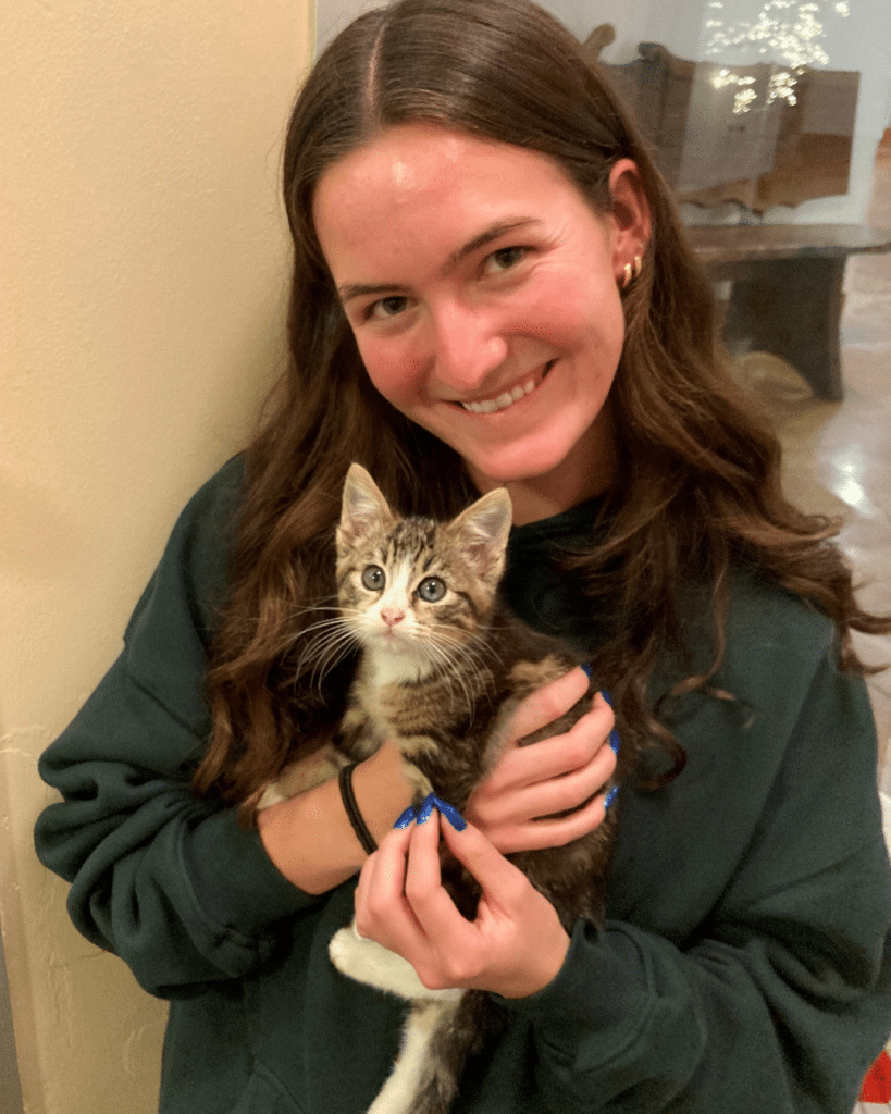 A woman with long brown hair smiles while holding a small gray and white kitten in her arms. She is wearing a dark hoodie, and the background shows soft lighting, suggesting an indoor setting.