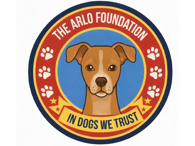 A circular The Arlo Foundation logo shows a brown dog’s face in a blue center, surrounded by paw prints and the slogan “In Dogs We Trust.”