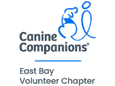 Logo for Canine Companions East Bay Volunteer Chapter. It features a stylized blue outline of a dog and a person, with the text 'Canine Companions' above and 'East Bay Volunteer Chapter' below in gray.