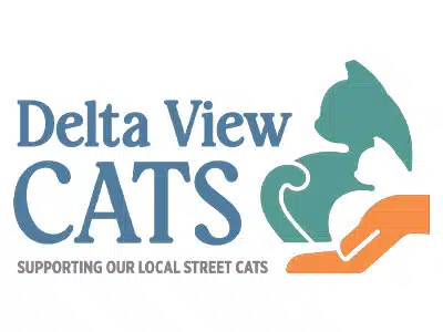 A logo for Delta View CATS featuring a stylized cat figure in green and an orange hand. Below the logo, the text reads: "SUPPORTING OUR LOCAL STREET CATS" in a simple font. The overall design is colorful and community-focused.