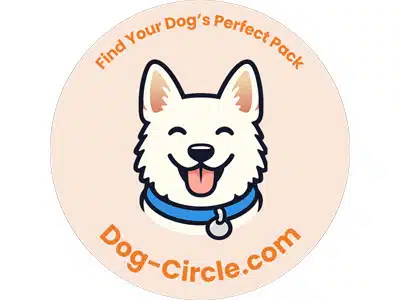 A circular logo featuring a smiling dog with white fur and a blue collar. The text above reads 'Find Your Dog's Perfect Pack' and the website 'Dog-circle.com' appears at the bottom in orange font on a light background.