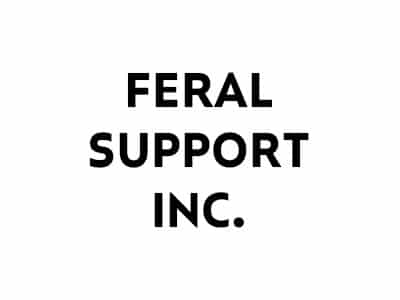 The image features bold, black text against a white background stating "FERAL SUPPORT INC." This text is centered and highlights the organization involved in supporting feral cat communities.