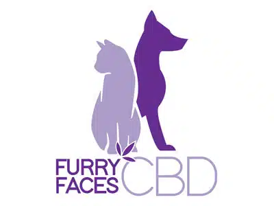 A logo featuring the silhouettes of a cat and a dog in purple tones, positioned back-to-back. Below the silhouettes is the text 'FURRY FACES CBD' in purple with a light gray outline. The design emphasizes a pet-friendly theme.