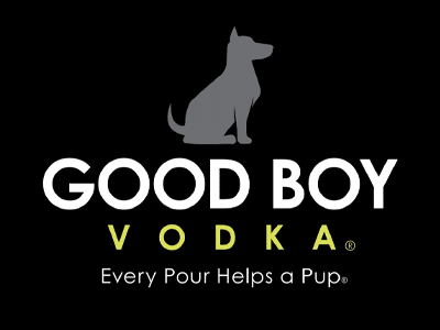 A black Good Boy Vodka logo with a gray dog silhouette above the words “GOOD BOY VODKA” and the tagline “Every Pour Helps a Pup.”