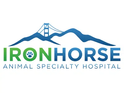 Logo for IronHorse Animal Specialty Hospital featuring blue mountains with a stylized representation of a bridge on top. The text 'IRONHORSE' is in bold green and blue colors, accompanied by a paw print, with 'ANIMAL SPECIALTY HOSPITAL' in smaller blue letters underneath.