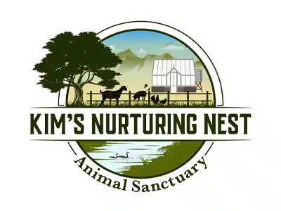 Logo of Kim's Nurturing Nest Animal Sanctuary featuring a tree, barn, and animals in a pastoral setting. The design includes a river and mountains in the background, with the text "KIM'S NURTURING NEST" prominently displayed.