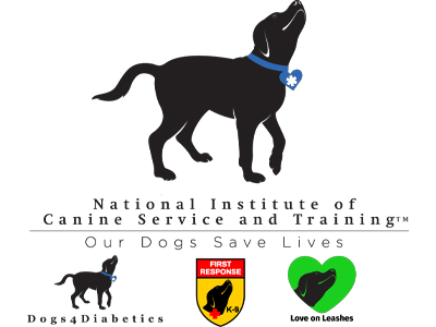 A black silhouette of a dog wearing a blue collar, positioned on the left, with the text "National Institute of Canine Service and Training™" above. Below, three logos are displayed: Dogs4Diabetics, a K-9 badge, and Love on Leashes.