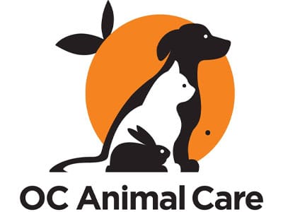 A graphic logo for OC Animal Care featuring a black dog, a white cat, and a rabbit, with a stylized leaf above the dog. The figures are set against an orange circle background, with the text "OC Animal Care" in bold black below.