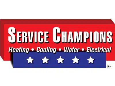 A rectangular logo for Service Champions featuring bold white text on a red background, stating 'Service Champions' above four service categories: Heating, Cooling, Water, and Electrical. Below is a blue section with five white stars.