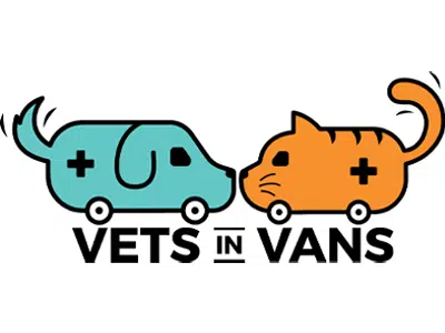 A stylized graphic featuring a light blue dog and an orange cat with medical symbols, facing each other. Below, the text "VETS IN VANS" is prominently displayed in bold black letters, emphasizing the theme of mobile veterinary services.