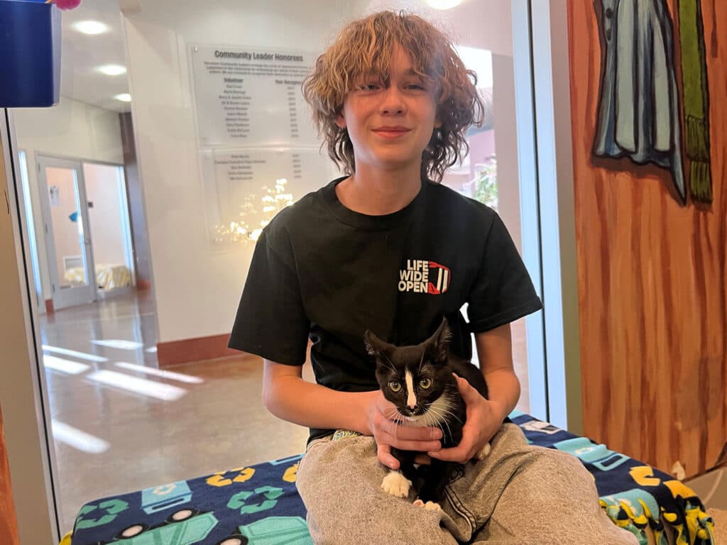 A young person with curly hair wearing a black t-shirt sits on a patterned bench, holding a black-and-white kitten. The setting appears to be a bright indoor space, with a notice board and colorful walls in the background.